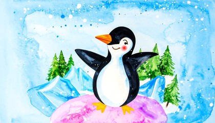 Naklejka premium Happy penguin on ice floe illustration