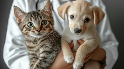 Adorable kitten and puppy, representing health, innocence, and companionship, held by a person in a lab coat, perfect for veterinary or pet care advertising.