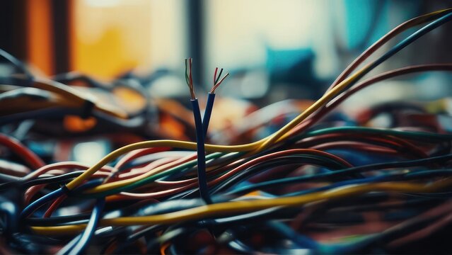 A tangled mess of colorful electrical wires