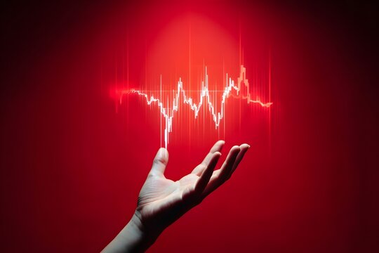 Stock market crash concept with hand holding falling graph on red background design - Powered by Adobe