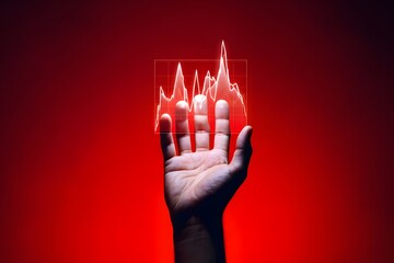 Hand holding data graph chart on red background stock market analysis and trends