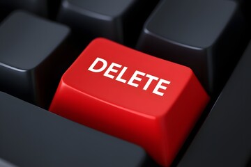 Close up of red delete key on black keyboard for data removal and file deletion use