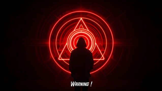 Red neon triangle circle with hooded figure dark background warning sign illustration