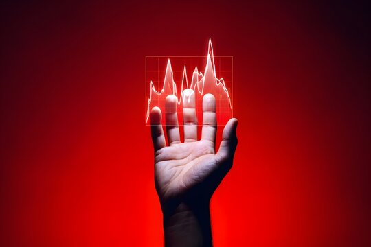 Hand holding data graph chart on red background stock market analysis and trends