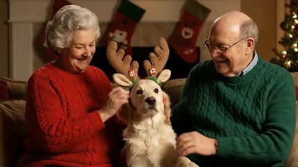 Elderly couple puts reindeer antlers on a golden retriever for Christmas - Powered by Adobe
