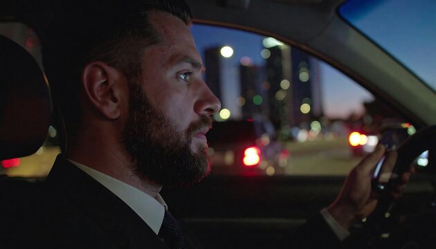 A man in a suit drives at night