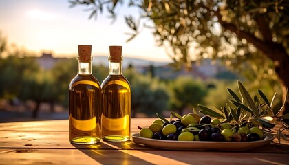 Olive oil bottles and olives outdoors