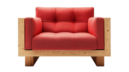 modern red sofa armchair with cushioned seat and backrest, upholstered fabric, isolated on white background or transparent png 
