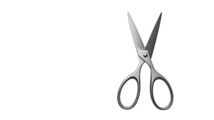 An opened pair of scissors with sharp metallic blades and metallic handles on a clean white background or transparent png 