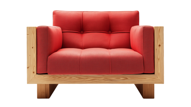 modern red sofa armchair with cushioned seat and backrest, upholstered fabric, isolated on white background or transparent png