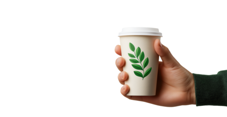 Hand Holding Eco-Friendly Reusable Cup Decorated with Leaf Symbol, Concept of Zero Waste, Environmental Care, and Conscious Consumption, Left-Aligned Composition, Transparent Backdrop