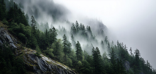 ai misty forest landscape with towering trees and rocky terrain in early morning light