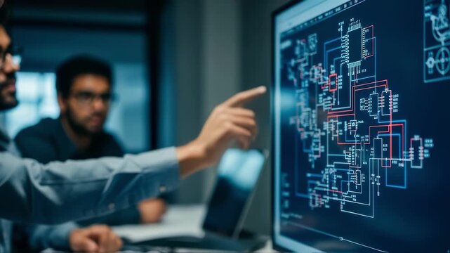 Hands pointing at complex circuit schematics during a design review meeting.