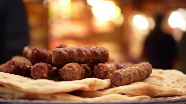 A flavorful plate of grilled cevapi and pita bread at a bustling market, showcasing traditional cuisine and cultural experience with vibrant colors and mouthwatering appeal