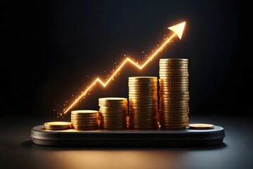 Golden coins stack growing with arrow for financial success and investment growth