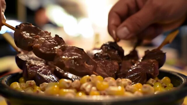 Exotic Peruvian Food: Close-Up of Anticuchos, Grilled Beef Heart Skewers, Served Over Corn in a Street Food Setting, Displayed with Vibrant Lighting and Culinary Focus, Appetizing Presentation