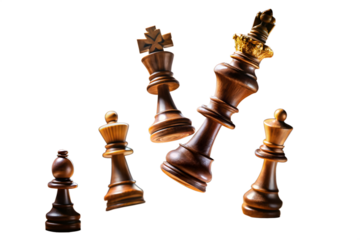 Wooden chess pieces including kings and queens, isolated on a transparent background, representing strategy and competition