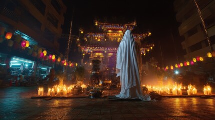 White draped spirit figure standing solemnly among many glowing candles and colorful lanterns at night during a vibrant Taiwanese Ghost Festival celebration under an ornate temple archway.