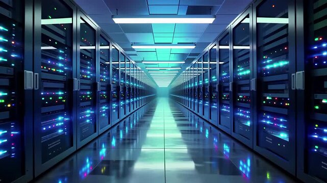 Modern datacenter server room with illuminated racks, blinking led lights, and reflective floors. Tech computing infrastructure for cloud storage, networking, and digital processing