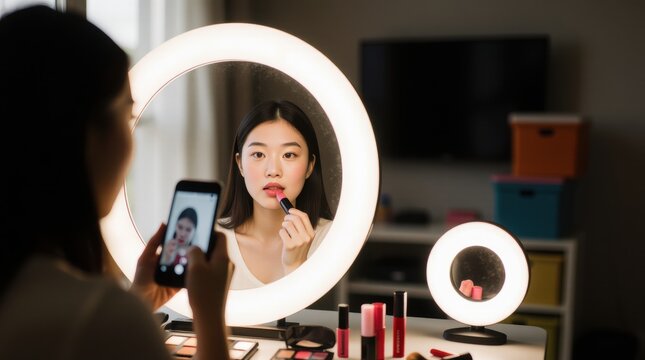 Woman Applying Lipstick While Recording with Smartphone - Powered by Adobe
