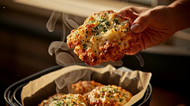 fryers make clean food cooking easy in the kitchen. Crispy, cheesy snacks being lifted from an air fryer basket.	

