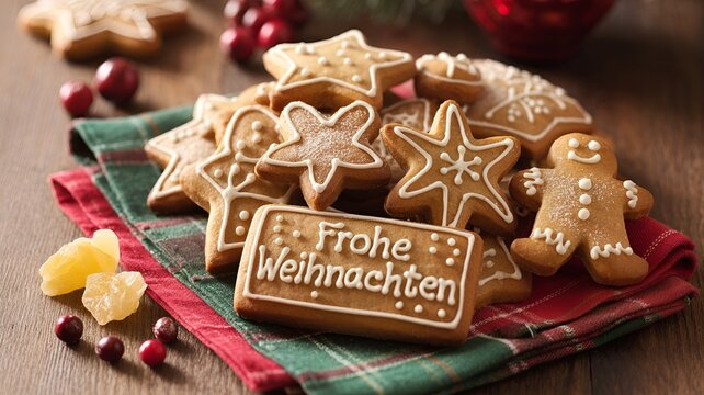 A close-up shot of Christmas cookies with a Frohe Weihnachten sign on a wooden table.
