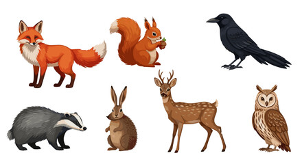 Obraz premium Illustrated woodland animals collection including fox, squirrel, crow, deer, and more.