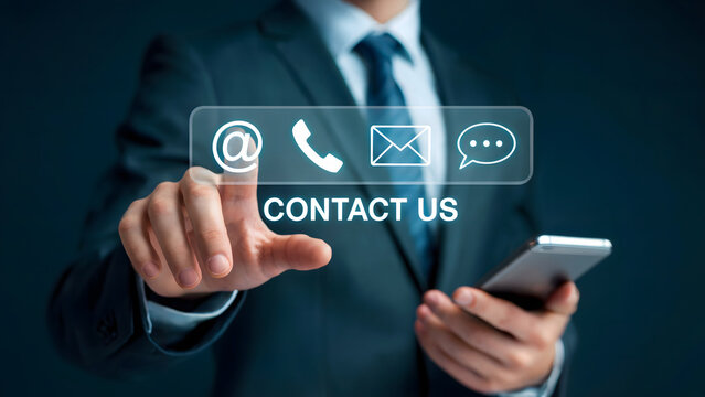 Need Help? Contact us today! Businessman points to digital contact options, modern call to action for customer service and immediate assistance now - Powered by Adobe
