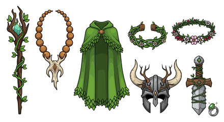 Fantasy Druid Items: Magical Accessories, Weapons, and Clothing Illustration © Thiago