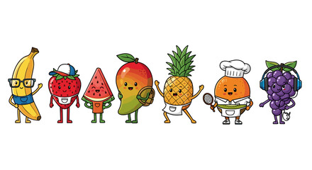 Cartoon Fruits Character Collection with Accessories on a White Background