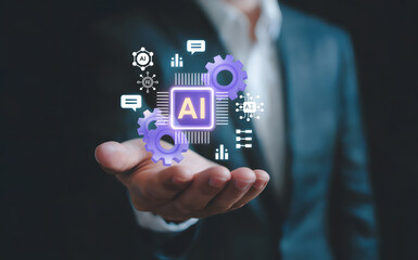 Businessman expertly showcases advanced AI technology with glowing digital interface and gears symbolizing innovation and progress in a modern professional setting.