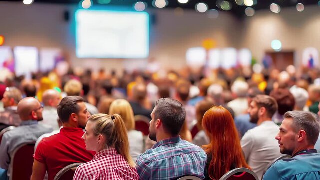 Large audience attends business conference in modern auditorium with projection screen. Corporate professionals gather for educational seminar, training session, or industry meeting. Rows of seated