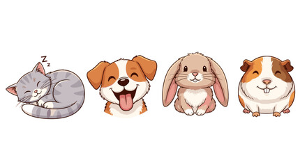 Adorable cartoon pets lined up: cat, dog, rabbit, and guinea pig