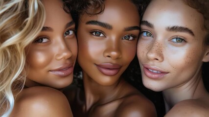 Diverse beauty: Three women with varying skin tones showcase natural makeup and radiant complexions, embracing their unique features and celebrating inclusivity in beauty.