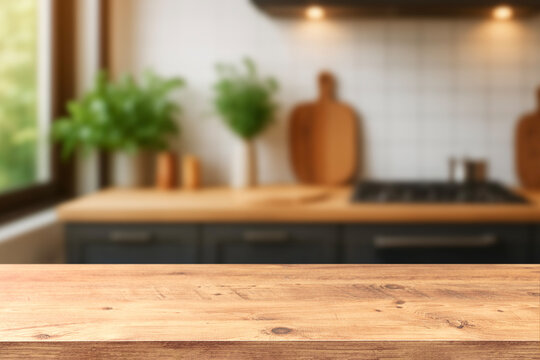 Kitchen wood table top for product display with blurred modern interior. Wooden tabletop over defocused kitchen background. kitchen furniture and desk space. product promotion in the kitchen
