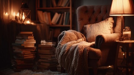 Warm and inviting reading nook with an armchair, knitted blanket, stacks of books, and the soft glow of candlelight, creating a cozy atmosphere