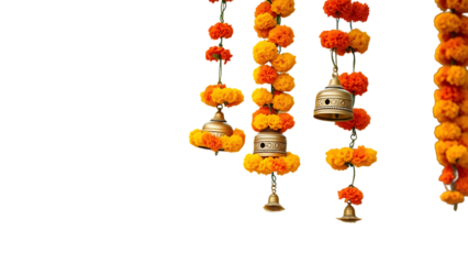 Traditional indian marigold flower garlands hanging with decorative bells used for festive decoratio