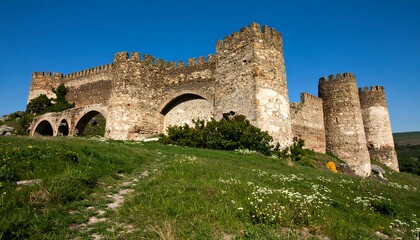 Ancient stone castle atop a grassy hill under a clear blue sky