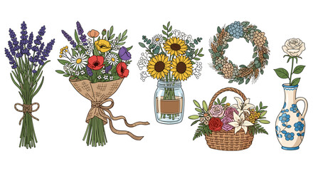 Charming assortment of hand-drawn flower arrangements on a white background