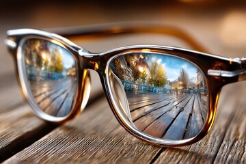 Spectacles Reflecting Cityscape Autumnal Wooden Pathway