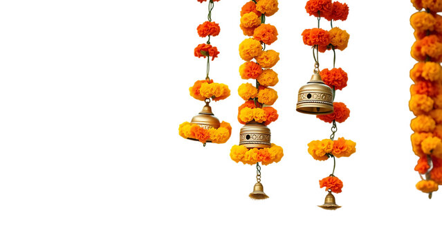 Traditional indian marigold flower garlands hanging with decorative bells used for festive decoratio