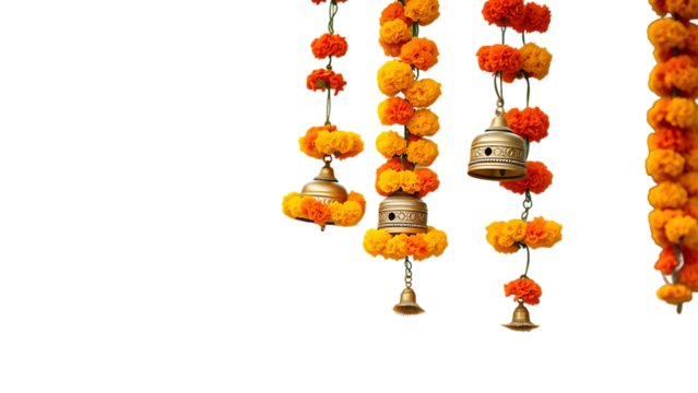 Traditional indian marigold flower garlands hanging with decorative bells used for festive decoratio