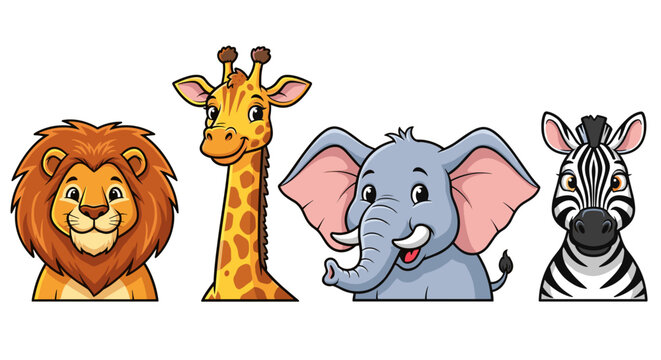 Cartoon Safari Animal Portraits: Lion, Giraffe, Elephant, and Zebra