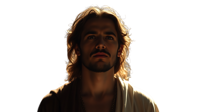 Spiritual figure portrait radiating calmness and divine light on dark backdrop