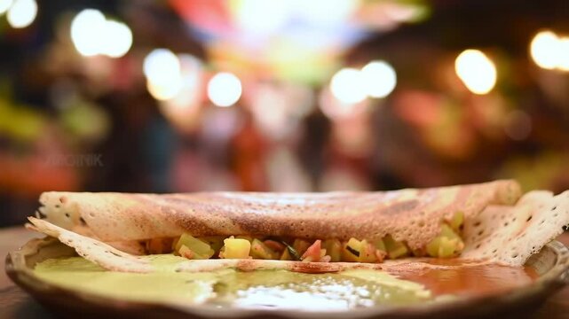 Captivating close-up of a delicious masala dosa served on a decorative plate with flavorful chutneys, set against a lively bokeh background of a bustling restaurant, perfect for food lovers