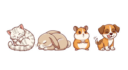 Adorable cartoon pets: cat, rabbit, hamster, and dog illustration