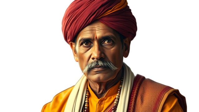 Majestic portrait of a historical Indian leader in traditional attire and turban