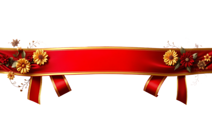 Decorative maroon and golden ribbon banner with floral accents for festive designs