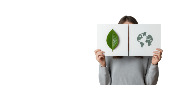 Anonymous Figure Displaying Leaf and Globe Signs, Concept of Green Decision-Making, Nature Conservation, and Global Responsibility, Transparent Background
