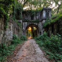Sunbeams filter through overgrown archway of a crumbling stone structure